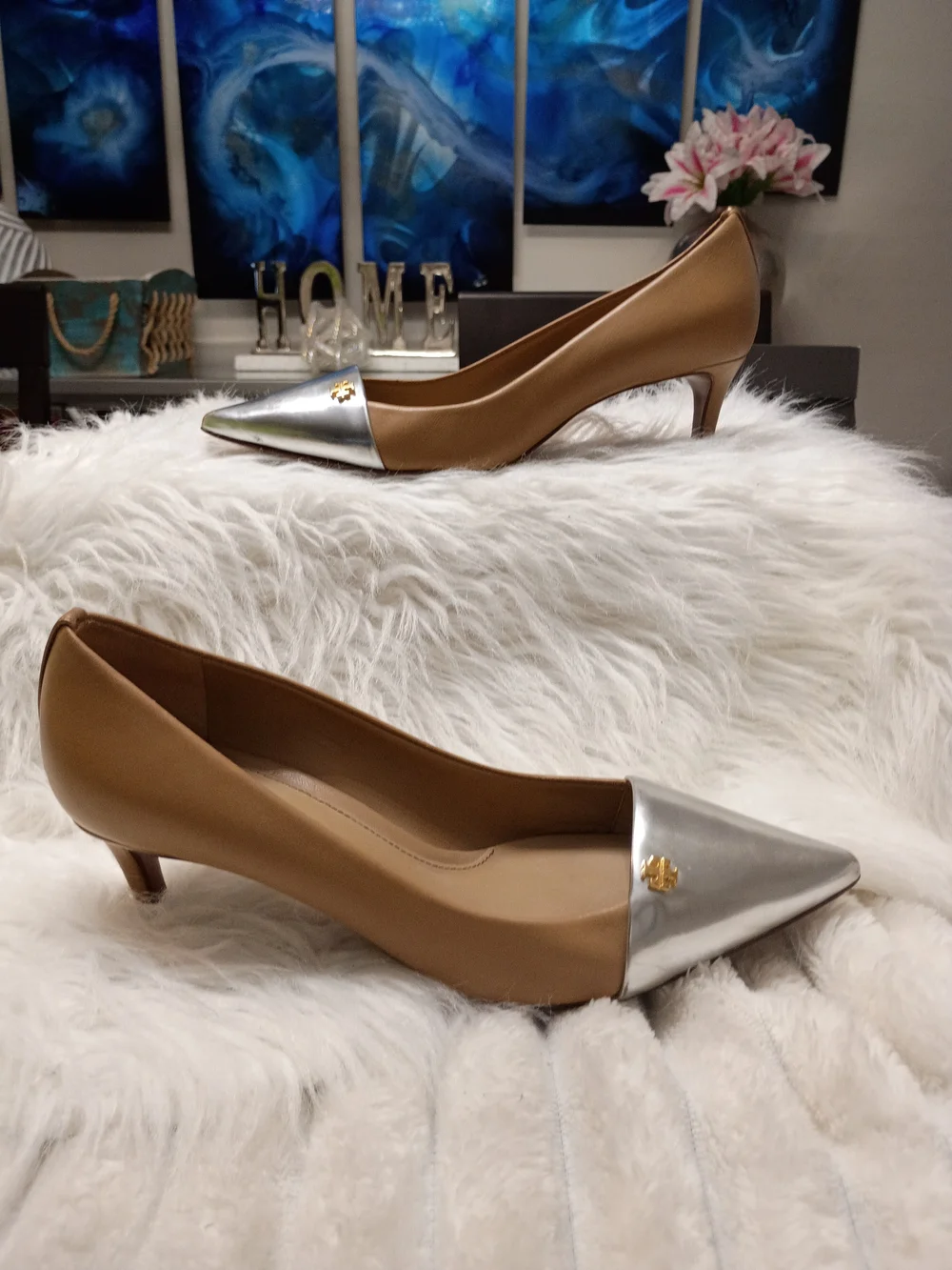 Tory Burch Nude & Metallic Silver Pointed Kitten Spectator Pumps Kitten Heels 6